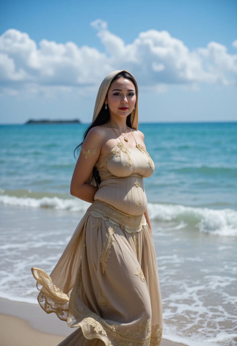  a beautiful indonesian woman, wearing hijab and muslim dress. walking on the beach water, white cloud and blue sky. Realistic skin details, intricate fabric details, beautiful face, ferfect face composition, Look at the viewer.