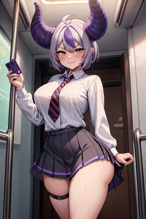 ((   best quality)), ((masterpiece)), (  super detailed),  School,uniform,date,tie, Female 1 person ,  standing, smartphone ,  Knee Socks  ,smile,smile,((Hearts in your eyes)),  white shirt, short,sweat,Bra,String Panties,uniform,((Provoke)),( tight skirt on the express train),(((((lover))))),(((1 male))),((Date)),