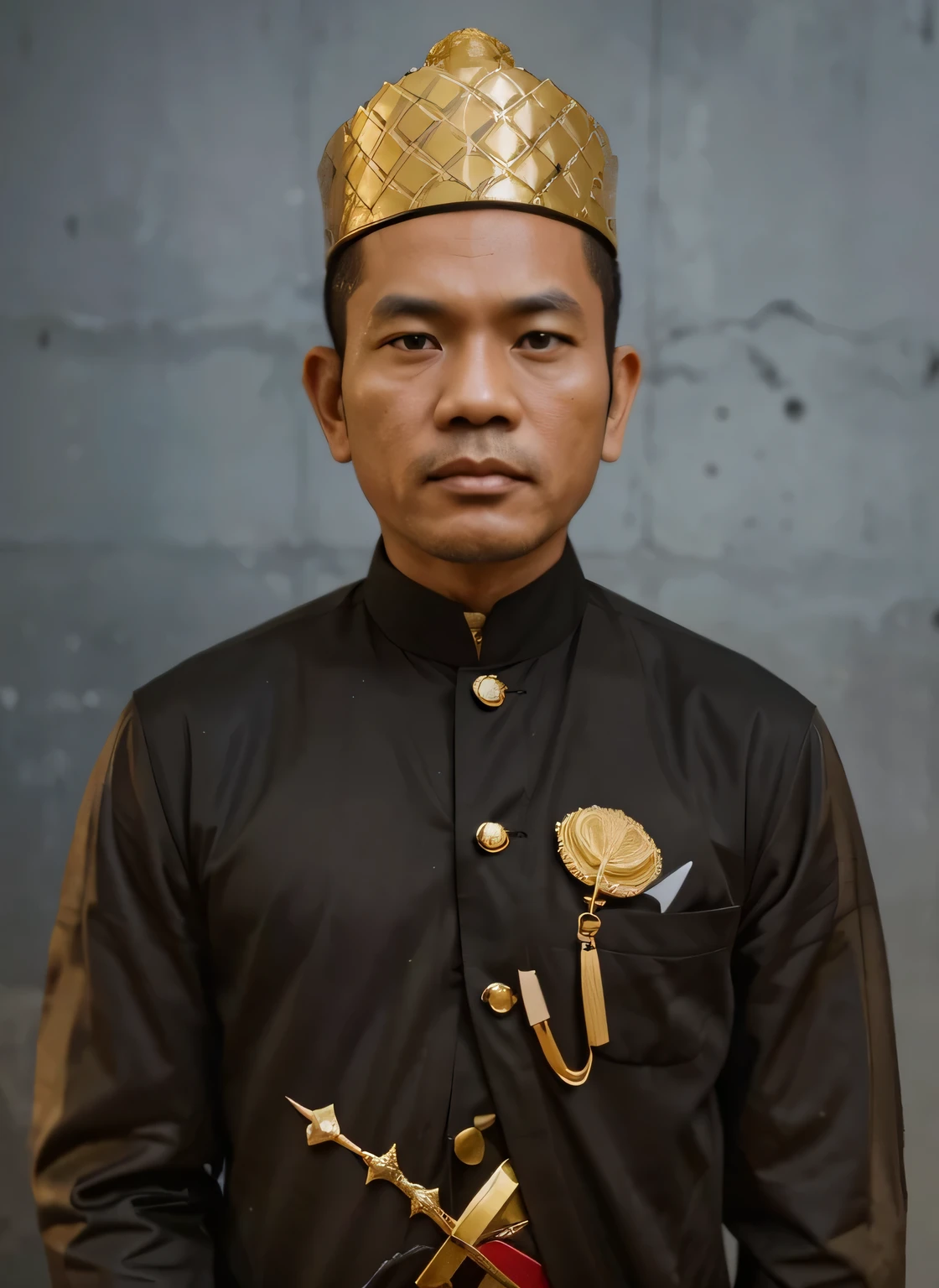 Indonesian Muslim man, aged 45 years or above, naturally wrinkled brown skin, wearing a high black head covering with detailed patterns and Kanigaran style clothes with the nuances of a great king, clear round glaring eyes, long eyebrows, small sharp nose, slightly thick lips, closed mouth, mustache Thick black, realistic HD quality images.