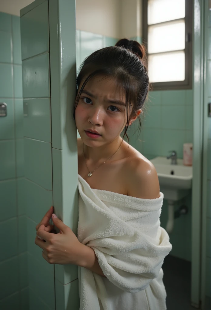 Prompt : Realistic Photo Indonesia teenage girl From the school bathroom Showering Wear a Bath Towel is wet from the shower water Closing the door of the School bathroom Ashamed Very embarrassed