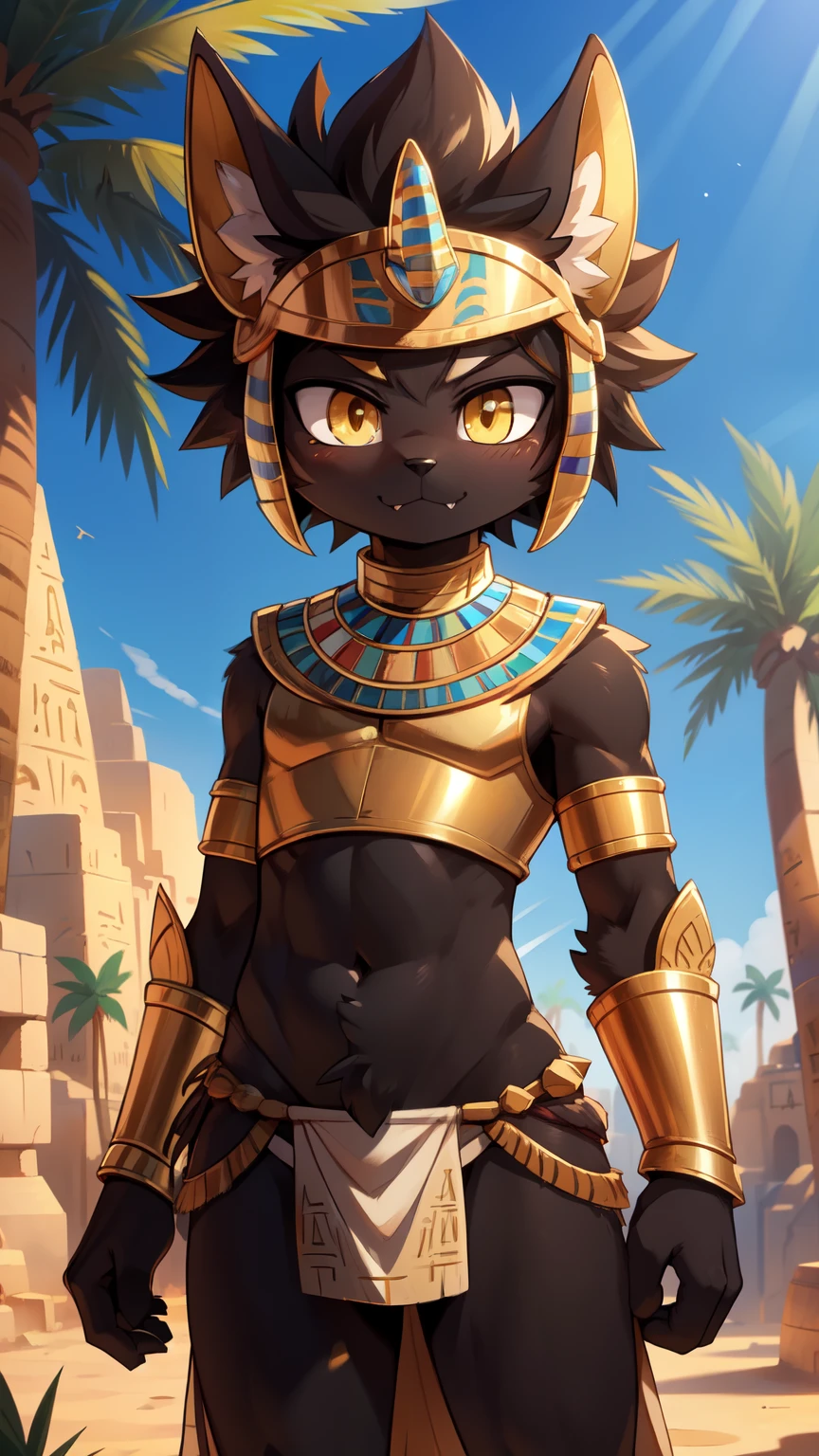 score_9,score_8_up,score_7_up, source_cartoon, source_furry, Anubis, Furry shota, jackal, black hair, short spiky hair, yellow eyes, detailed body fur, ((minuscule Egyptian antique clothes, cute sexy and almost naked, gold crop top armor, midriff, gold helmet, loincloth)), masterpiece, looking at you, fangs, black body fur, detailed face, big eyebrows, detailed eyes, detailed body, detailed body fur, detailed hands, flat body, glistering body, shiny body, skinny, perfect lighting, perfect shadows, perfect eyes, perfect hair, perfect face, gorgeous body, solo, :3, full body, feets with three toes, desert, oasis, palm tree, clear sky, motion blur, standing,