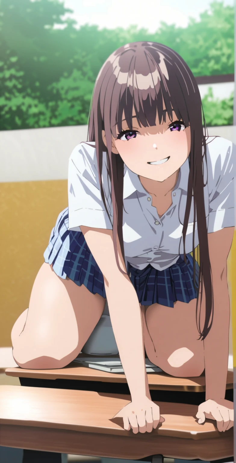 anime girl in high heels sitting on a chair with a laptop, a hyperrealistic schoolgirl, hyperrealistic schoolgirl, cute schoolgirl, realistic schoolgirl, teasing smile, seductive anime girl, school girl, sitting on a table, sitting on a desk, beautiful anime high school girl, thighs!!!, thighs, on a desk, thighs close up, sitting down casually