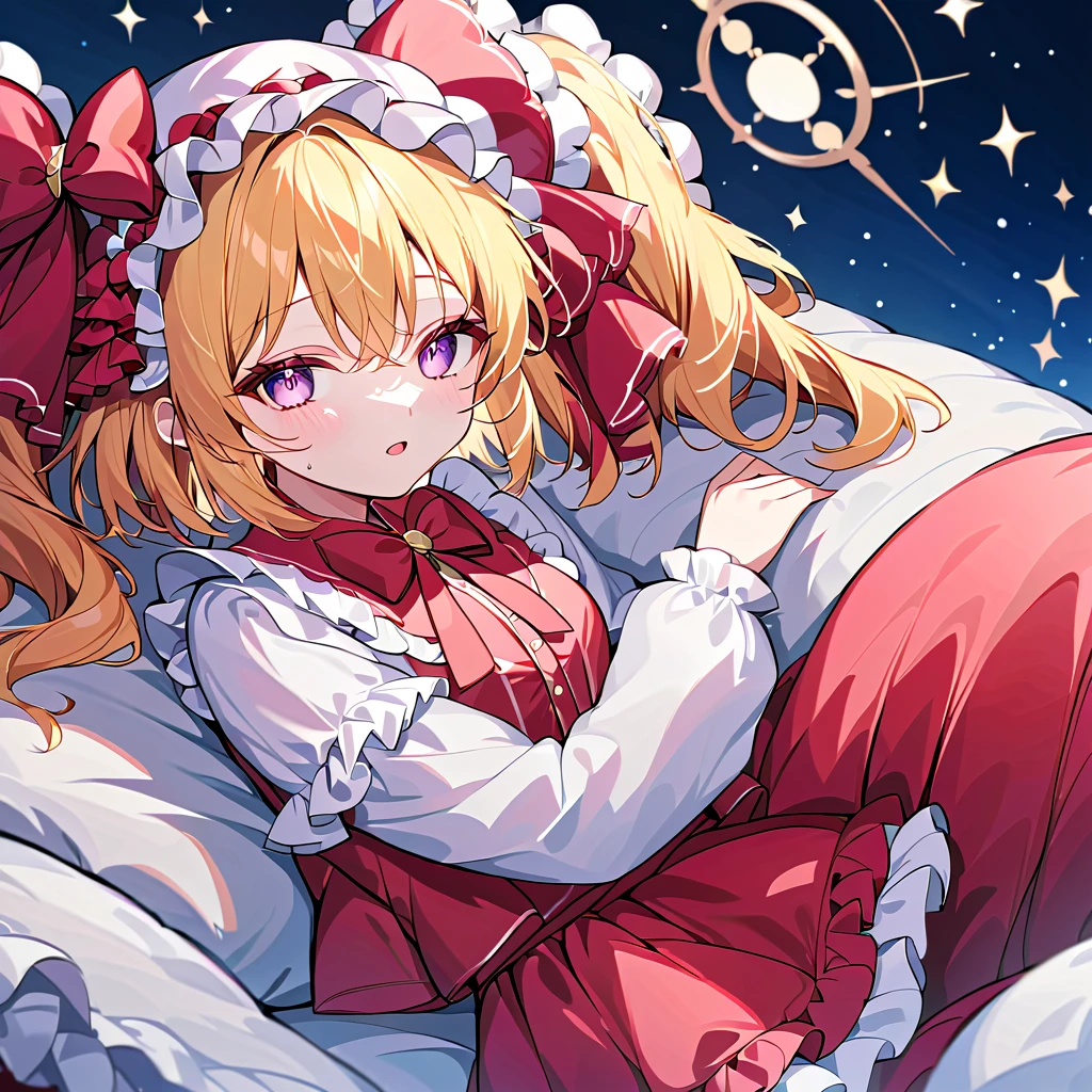 1 girl, Unexpected beauty, memorable masterpieces, Flandre scarlet, blonde hair,  side ponytail, white mob cap, red hair bow, hair bow frill, pastel red boa pajamas, boa skirt, hem frill, barefoot, sleeping, lying, closed eyes, open mouth, bed, pillow, futon, night, masterpiece, best quality, detailed, highly detailed, ultra detailed, high resolution, 8K, super detailed skin, (detailed beautiful eyes, detailed beautiful face, detailed beautiful face and eyes), very detailed background, highly detailed background, (elaborately designed clothes), 