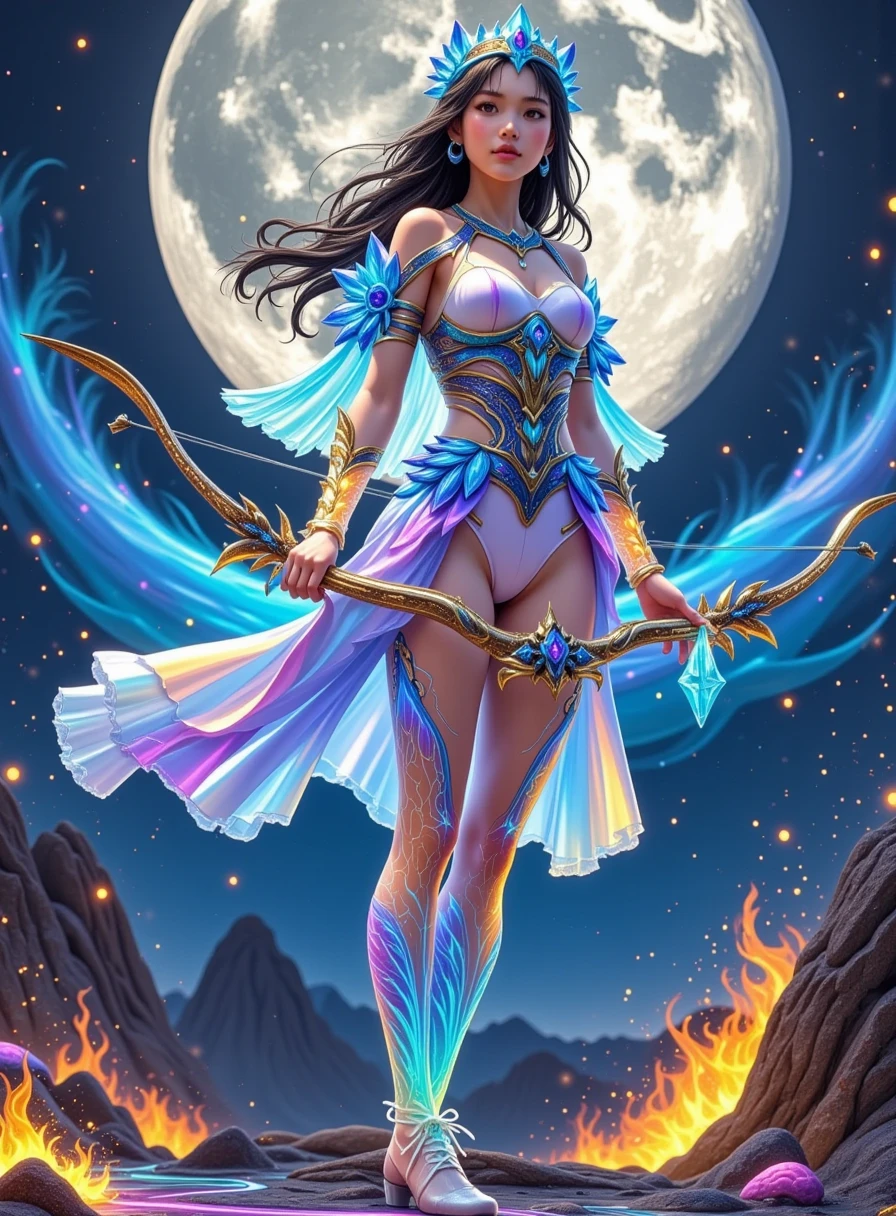 (The character&#39;s height is lower than the screen height:1.9), 1girl, (whole body:3.0), (Distant Composition:2.5), (Filled with fiber-optic cable covering translucent metallic skin:2.5), whole body武装的机械少女, The moon is behind the girl, (Looking at the camera), (Realistic face:1.6), (Black Hair,  long flowing hair), Beautiful hairstyle, (Realistic characters), Translucent pantyhose, White gauze translucent gloves, Small and beautiful earrings, (Swipe forward with the Ice Crystal Longbow in your hand, Attack posture on the battlefield, Dynamic details:3.0), Attractive, super high resolution, Ultra aesthetic , masterpiece,  best quality ,  High Quality , HD, 高品质纹理, High quality shadows,  high detail , Slim abdominal muscles,(Perfect hands, Perfect feet), (少女whole body都在画面内), (whole body), (Standing on a volcano), Falling volcanic ash, Looking at the camera