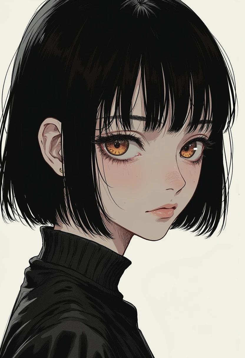 1girl, rough sketch, glance at me, black hair, rough anime,  masterpiece, solid background, bags under eyes,