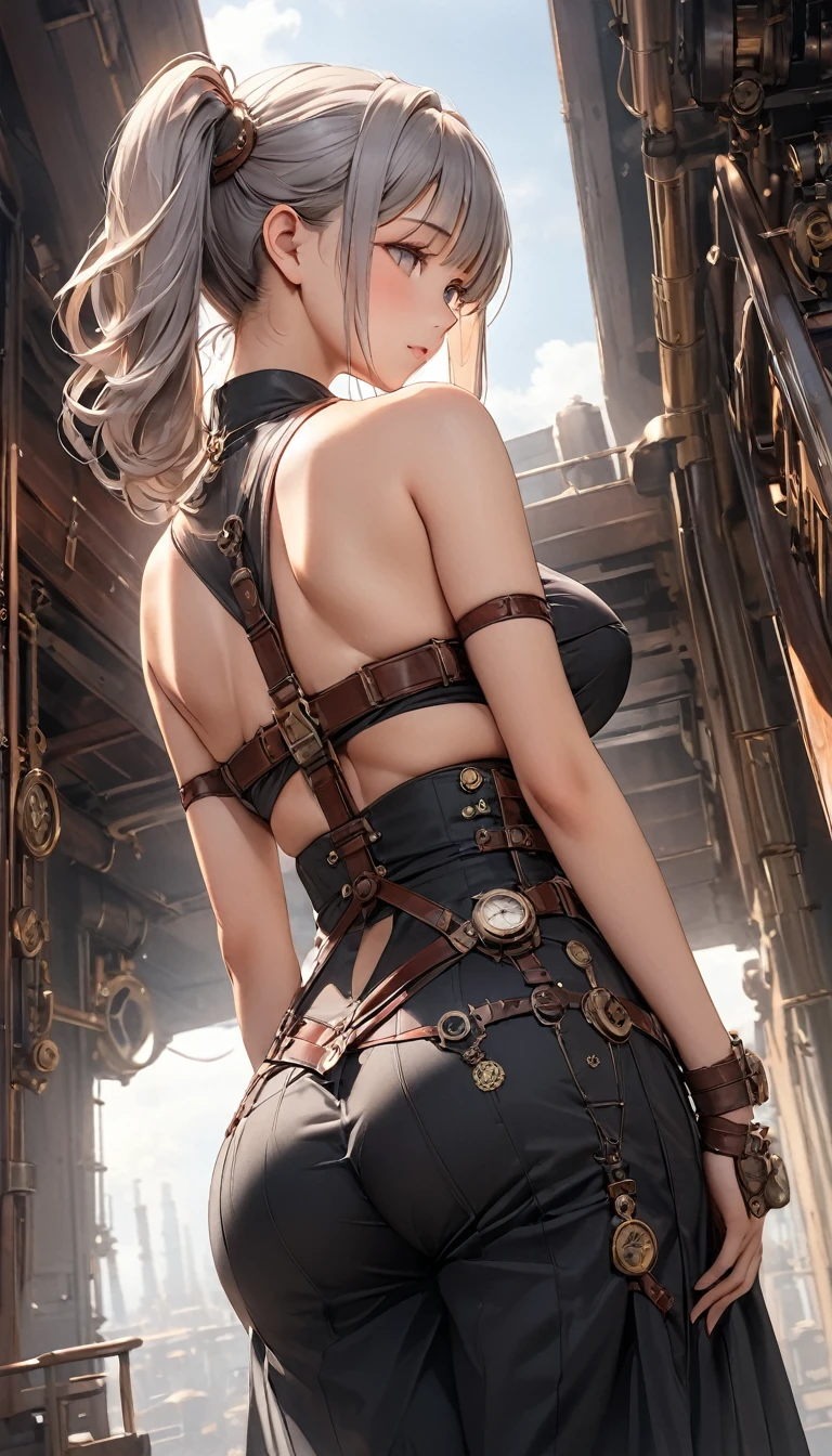 masterpiece, best quality, JingliuV5, 1girl, solo, gloves, gloves, dress, bare shoulders, closed mouth, boots, sky, black gloves, black footwear, blindfold, night sky, full moon, elbow gloves, armpits, arms up, ((chain, bound, restrained:1.3)), sitting, wariza, night, starry sky, sky, cowboy shot, view from below, far shot