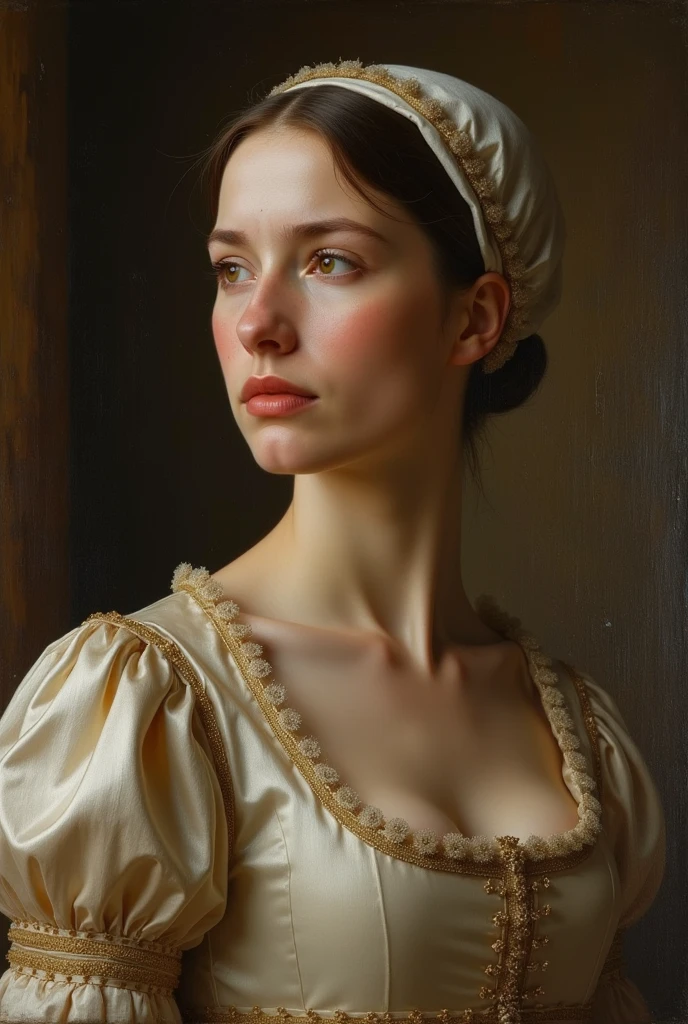 Raphaelian Style Painting , Beautiful white woman with big  is wearing a light dress.