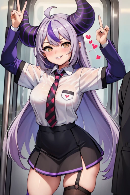 ((   best quality)), ((masterpiece)), (  super detailed),  School,uniform,date,tie, Female 1 person ,  standing, smartphone ,  Knee Socks  ,smile,smile,((Hearts in your eyes)),  white shirt, short,sweat,Bra,String Panties,uniform,((Provoke)),( tight skirt on the express train),(((((lover))))),(((1 male))),((Date)),hug,