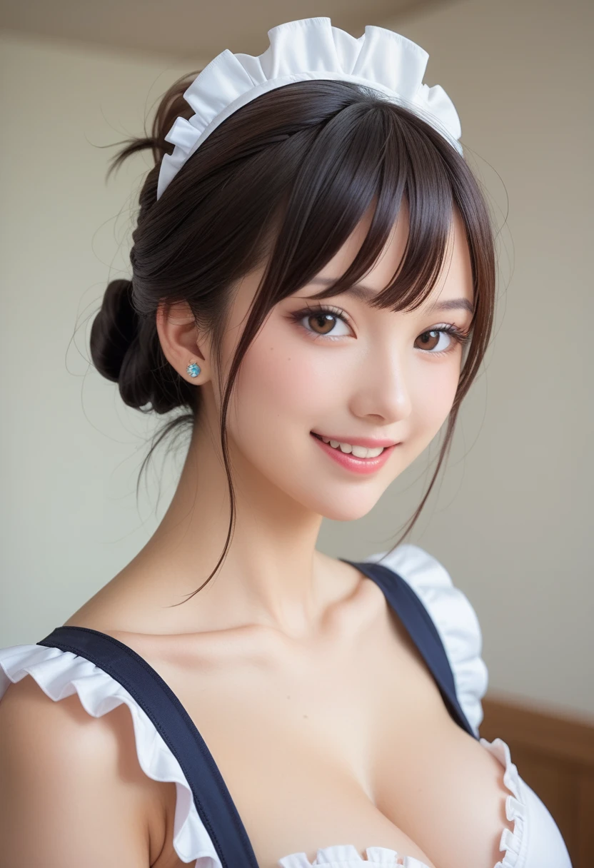 (maid costume:1.2),(standing),(), (close up ),(),(),(:1.4),(large breasts:1.2),(:1.4),(gorgeous　room),(),(hetero),(black updo hair:1.4),(adult japanese 1woman 20yo:1.1),(seductive 　smile Expression:1.2),(bangs),BREAK,(Masterpiece,Best Quality),(extremely detailed CG,hyper realistic:1.2),ultra-detailed photo,(brown eyes),(nsfw),BREAK,(:1.4),(movie),(),(:1.2),(),(:1.4),(:1.4),(:1.4),()