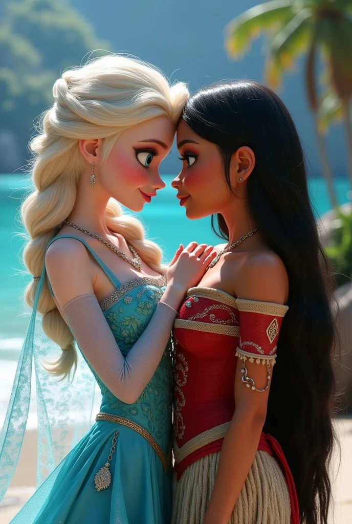 Princess Jasmine and Princess Elsa comparing the size of their breasts, apartment bathroom, posing for the mirror, holding their own breasts, kissing facial expression