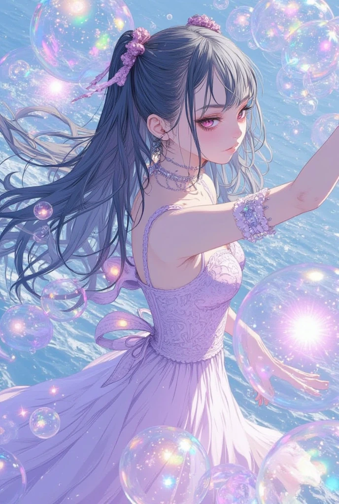 "A mesmerizing scene of a young girl surrounded by magical, glowing bubbles floating gracefully in the air. The girl wears a whimsical, flowing dress in pastel shades, adorned with subtle sparkling details that shimmer in the soft light. Each bubble radiates an iridescent glow, with swirling patterns of blues, purples, and golds, reflecting the surrounding light like miniature universes. The girl reaches out to touch one of the bubbles, her expression a mix of wonder and delight. The background is a dreamlike forest with soft mist and dappled light filtering through the trees, enhancing the ethereal and magical atmosphere of the scene.",rough sketch anime,

