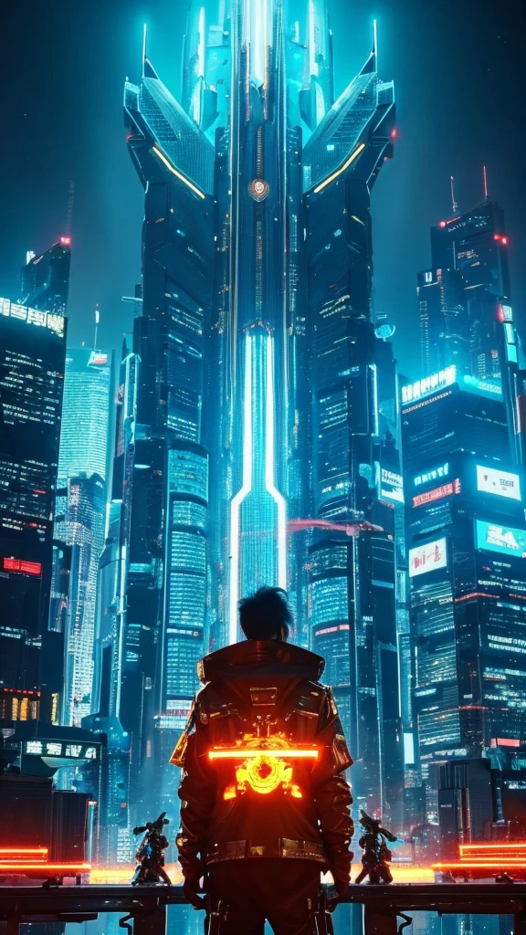  Create futuristic characters in the world of cyberpunk . Imagine a dense big-breasted one wearing a gold-colored robotic suit with flaming blue accents, accompanied by majestic bears .  The backdrop is a neon lit cityscape ,  blend nature and technology harmoniously .