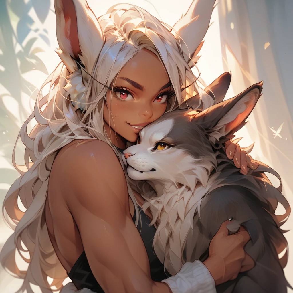 sexy girl, score_9, score_8_up, score_7_up,  score_9, score_8_up, score_7_up, score_6_up,  p3tl0v3, 1girl, rumi usagiyama, dark skinned female, hugging a white rabbit,