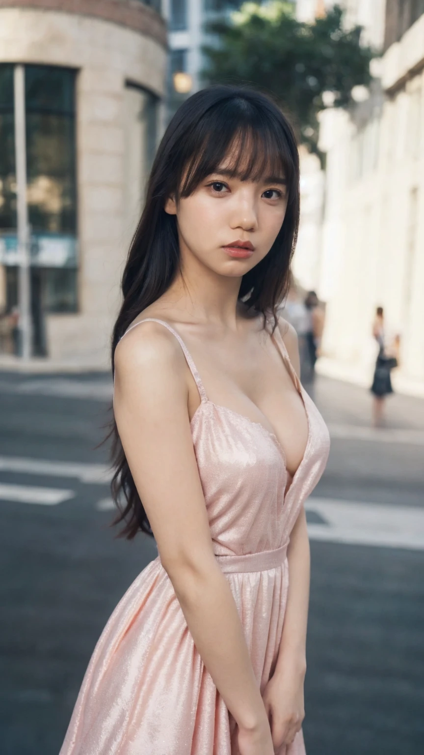 1girl,(wearing a pink glittery evening mini dress:1.2),(RAW photo, best quality), (realistic, photo-realistic:1.4), masterpiece, an extremely delicate and beautiful, extremely detailed, 2k wallpaper, Amazing, finely detail, extremely detailed CG unity 8k wallpaper, ultra-detailed, highres, soft light, beautiful detailed girl, extremely detailed eyes and face, beautiful detailed nose, beautiful detailed eyes,cinematic lighting,city lights at night,slender body,(long hair with bangs),(big breast:1.2), ((crossed legs)).