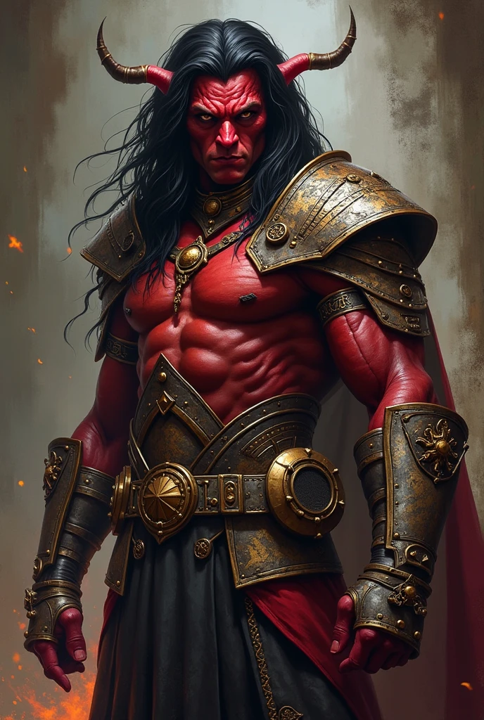 Create a Human Fantasy RPG Warrior, with friendly expression, but with insect-like geniculate antennae on top of the head and reddish skin. Your hair is black, His physique is tall and has a lot of muscle definition., He wears light metal armor and uses a sword with a broken blade as his weapon..