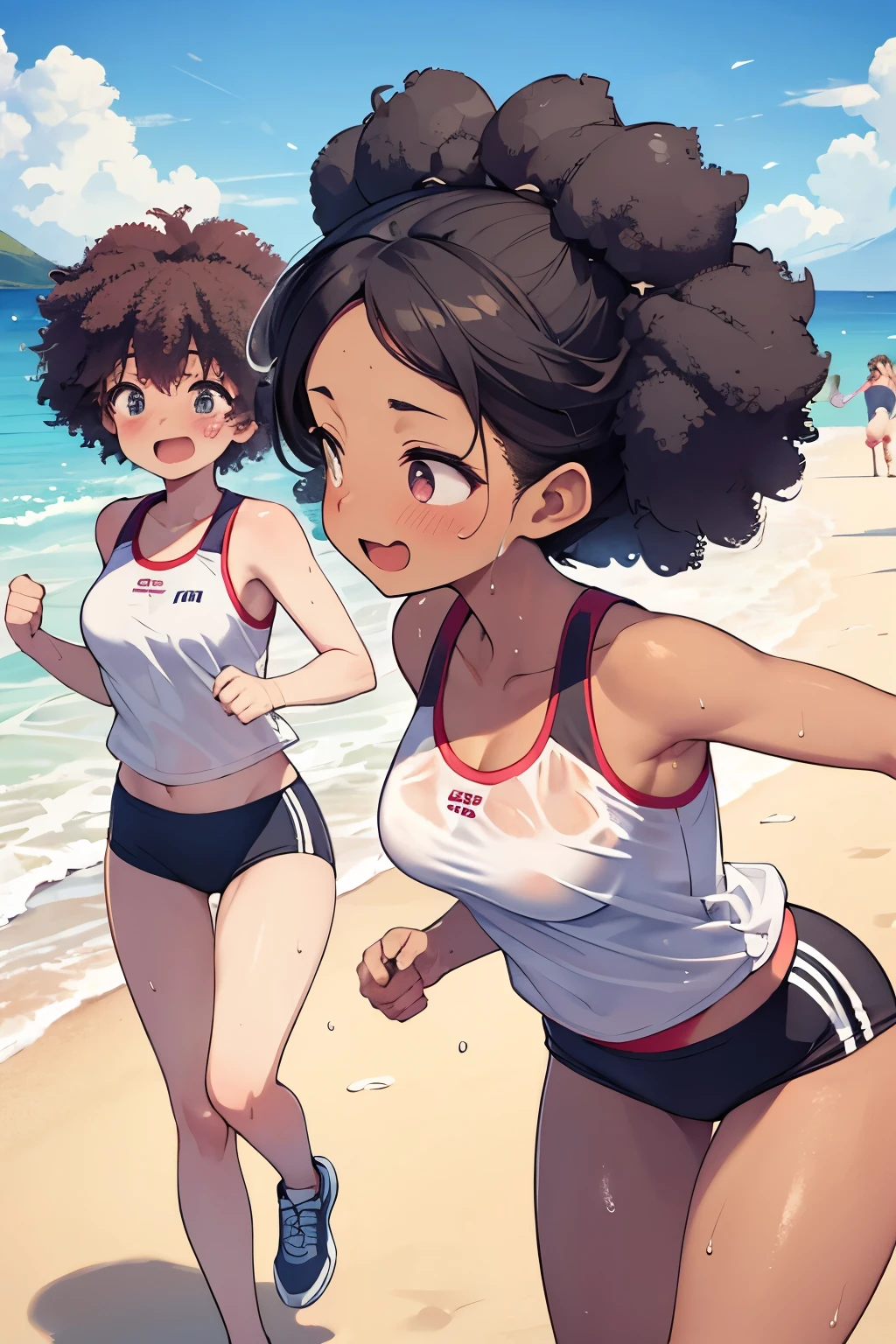  black woman , high, running on the beach,  gym clothes (short e top), wet with sweat ,  looking at the spectator,  Side view,  Medium breasts,  wide hips, Lean body,  Muscular body,  thick thighs ,  masterpiece , afro hair, Rice, happy/happy,  embarrassed , 