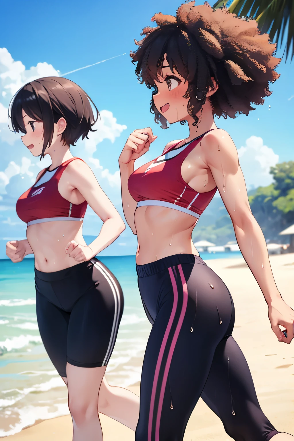  black woman , high, running on the beach,  gym clothes (short e top), wet with sweat ,  looking at the spectator,  Side view,  Medium breasts,  wide hips, Lean body,  Muscular body,  thick thighs ,  masterpiece , afro hair, Rice, happy/happy,  embarrassed , 