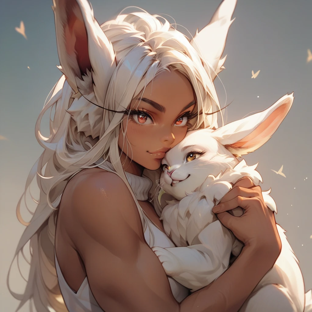 sexy girl, score_9, score_8_up, score_7_up,  score_9, score_8_up, score_7_up, score_6_up,  p3tl0v3, 1girl, rumi usagiyama, dark skinned female, hugging a white rabbit,