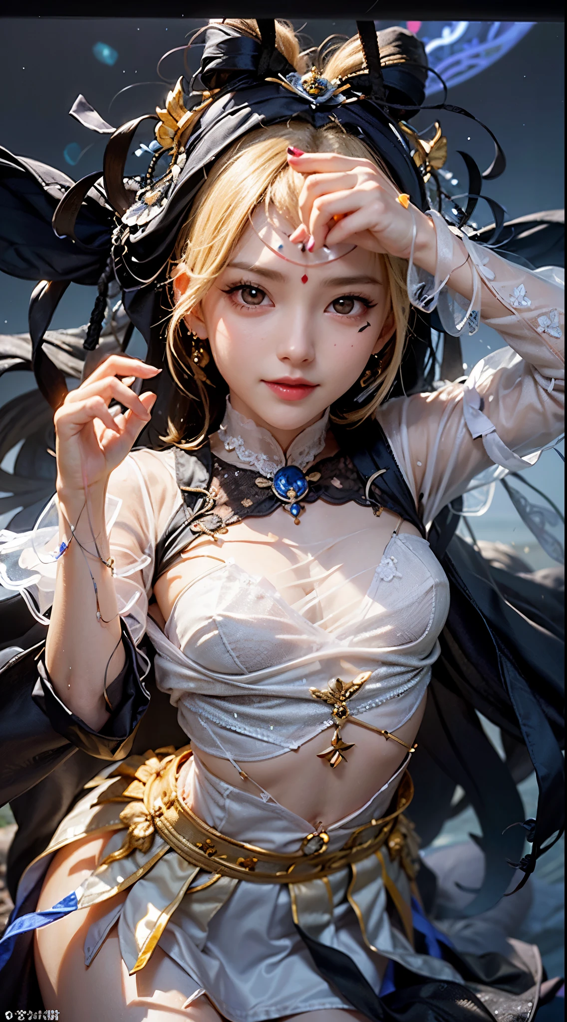 ((euladef)):1.5,((masterpiece,Highest quality,Highly detailed images,Beautiful images))1.4(Huge crystal in the background、Overall dim lighting、Backlight、A fantastic atmosphere、Thick Fog、Dust flutters)1.3,(Close-up image of eula)1.1、(Beautiful cleavage、Exposing cleavage)Mr.々A pose