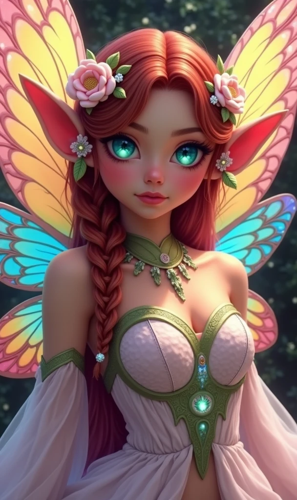 A 24K 3D HD hyper-realistic image of a Latin sexy fairy with neon pink hair adorned with petals and glistening pollen. She is wearing an elegant turquoise and gold outfit with intricate details. The fairy has mesmerizing eyes that sparkle like morning dew. She is standing in a dark fantasy setting with rich colors and textures. The image has a cinematic vibe with vibrant colors and intricate details.