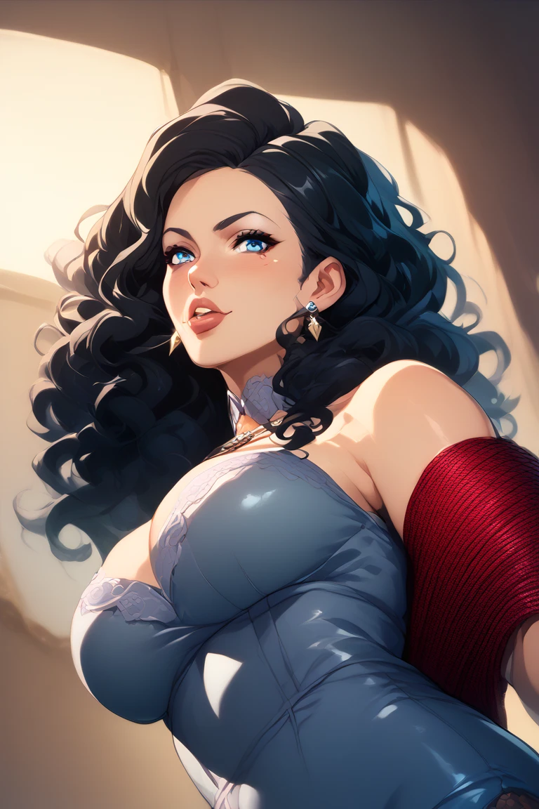 A woman ,she has long, wavy black hair, light blue eyes and a mole on the right below her lips. She's known for her curvaceous figure. She's known for her curvaceous figure, and her most distinctive feature is her very large breasts, which she hangs out of her clothes to reveal quite amply Tied up