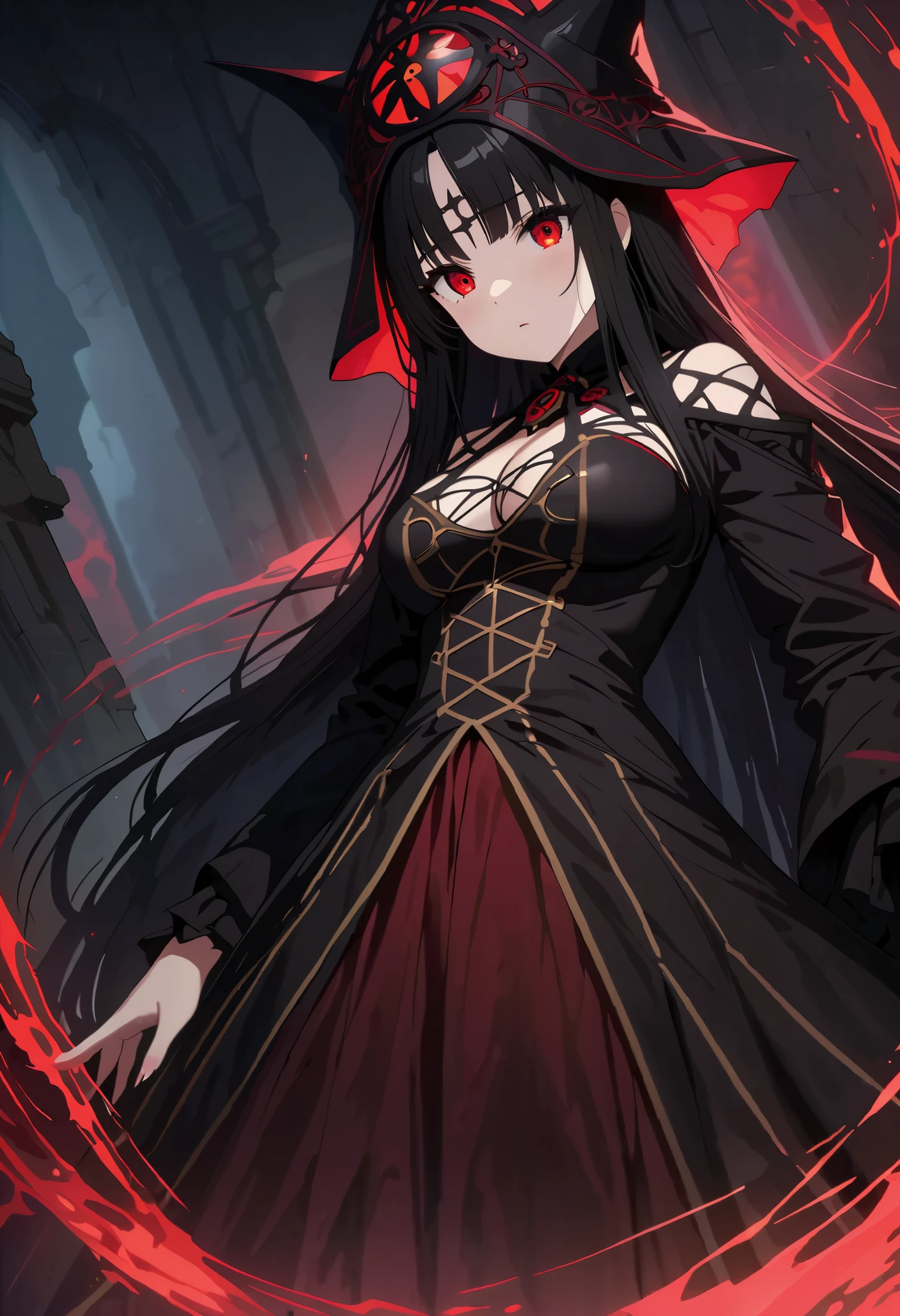 a woman in a red dress surrounded by skulls, concept art, by Yang J, gothic art, ((chains)), guweiz, detailed fanart, portrait gapmoe yandere grimdark, demon woman, blind, but the armor covers her face,  of dark, no faces, trending on cgstation, detailed key anime art, sakimi, anime artwork