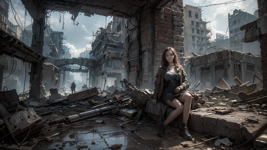 masterpiece, high res,8K,(Portrait Photos:1.5),(R Original Photo),Reality,Digital Photography,(Apocalyptic ruins ),City ruins，beautiful 20 year old woman，sentry， post-apocalyptic scene，Close-range photography， broken clothes