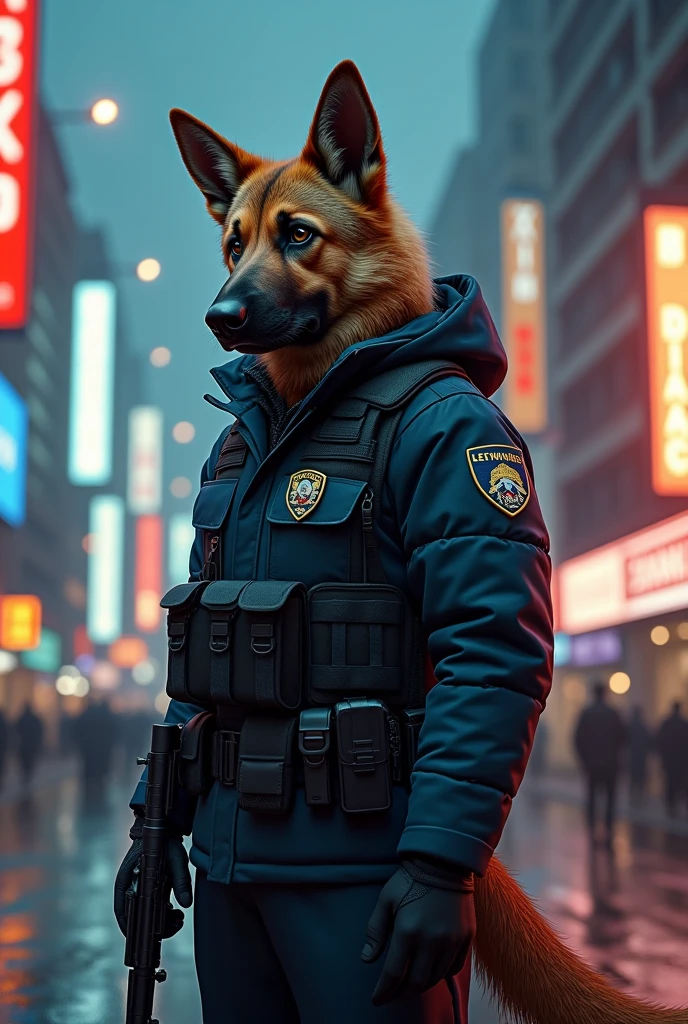 A surreal scene of a human police dog from Russia , standing on a busy street in a Russian city . He has a human body , but with the coat of a German shepherd , the characteristic muzzle and ears of a dog . The hybrid police officer wears a full Russian police uniform , with the badge , bulletproof vest , belt of tactical equipment and a gun in his right hand . His expression is serious and focused , transmitting trust and authority . It is in a position of readiness , with the gun pointed down , but prepared to act at any time . In the background, there is a modern Russian city , with Soviet architecture mixed with contemporary buildings, neon lights and a cool night mood . The image combines elements of the human and canine world , highlighting the unique presence of this Russian law enforcement officer .”