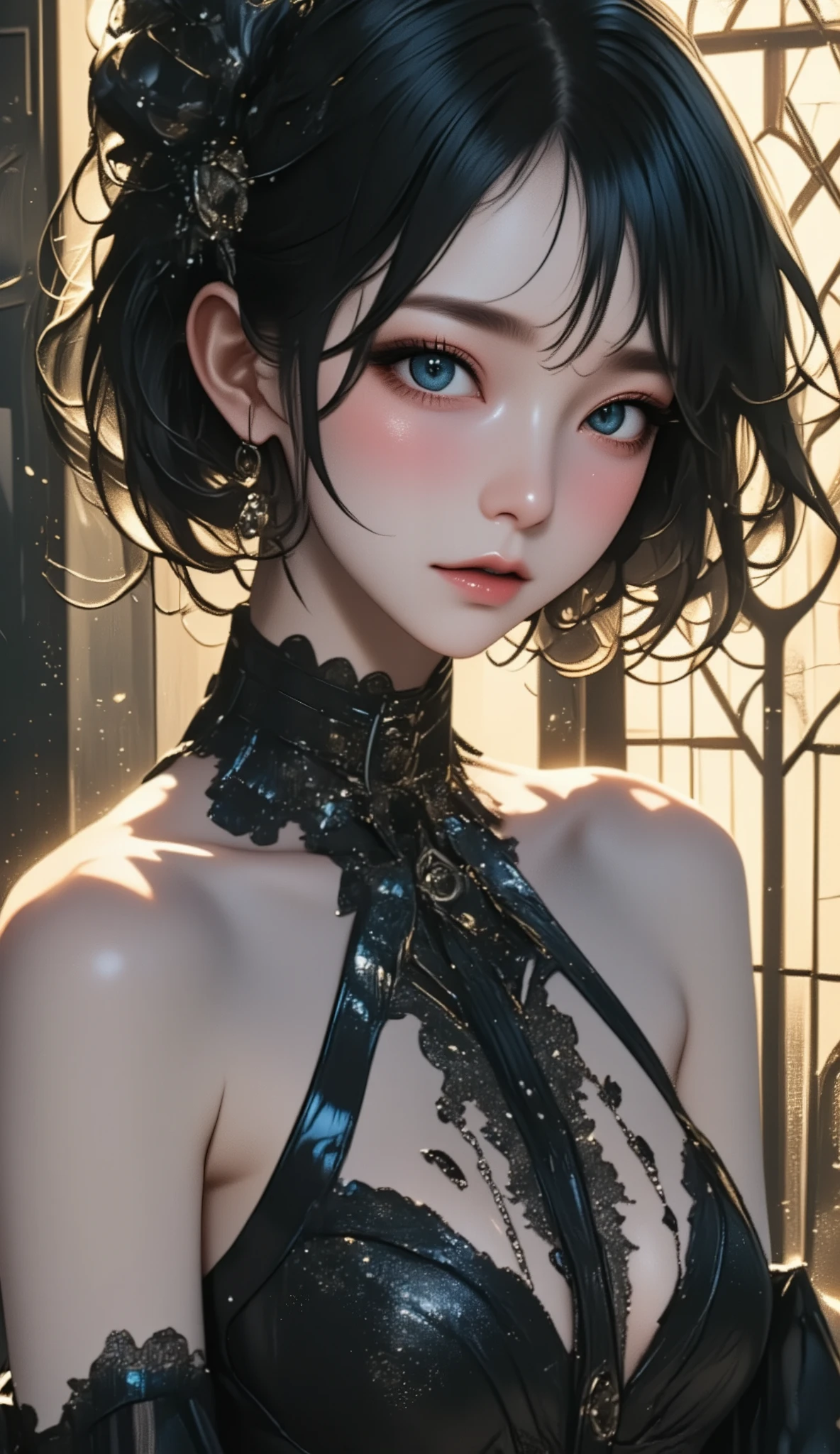 (U high definition , retina, masterpiece, Accurate,  Anatomically Accurate , textured skin,  Very detailed,  attention to detail ,  High Quality , 最 High Quality ,  high definition , 1080P,  high definition , 4K, 8k, 16k), ( beautiful details ,  Beautiful Lip Details ,  Very detailedな目と顔),  studio lighting,  physical based rendering,  bright color, ( Gothic Dress), (Portraiture,  shiny hair, shiny skin), [ stained glass window , Bokeh], ( tilt her head to the side :1.5), Eye Reflexes, (:1.5), (Gothic art, Pale skin, the above:1.5), Monochrome,