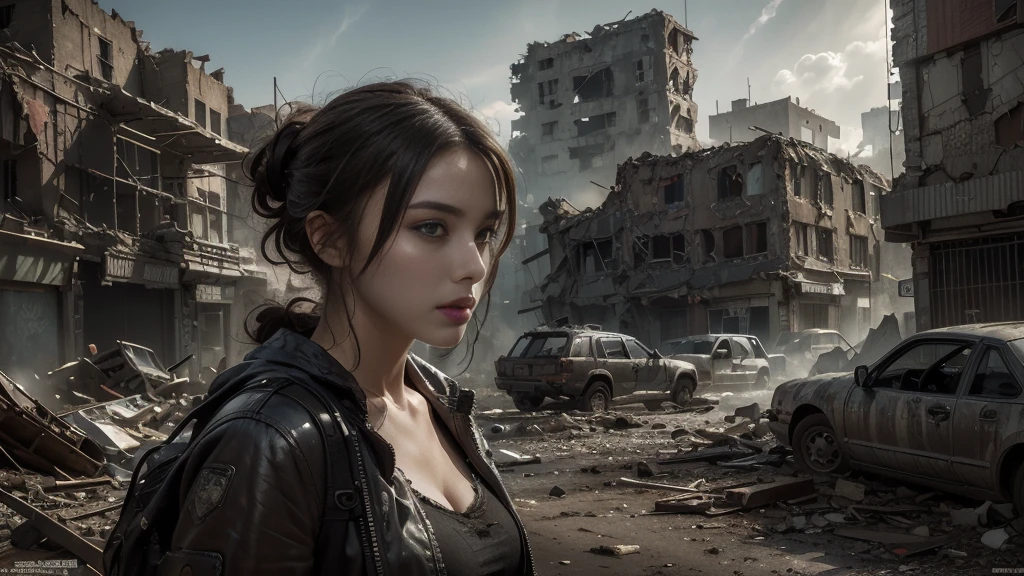 masterpiece, high res,8K,(Portrait Photos:1.5),(R Original Photo),Reality,Digital Photography,(Apocalyptic ruins ),City ruins，beautiful 20 year old woman，sentry， post-apocalyptic scene，Close-range photography， broken clothes