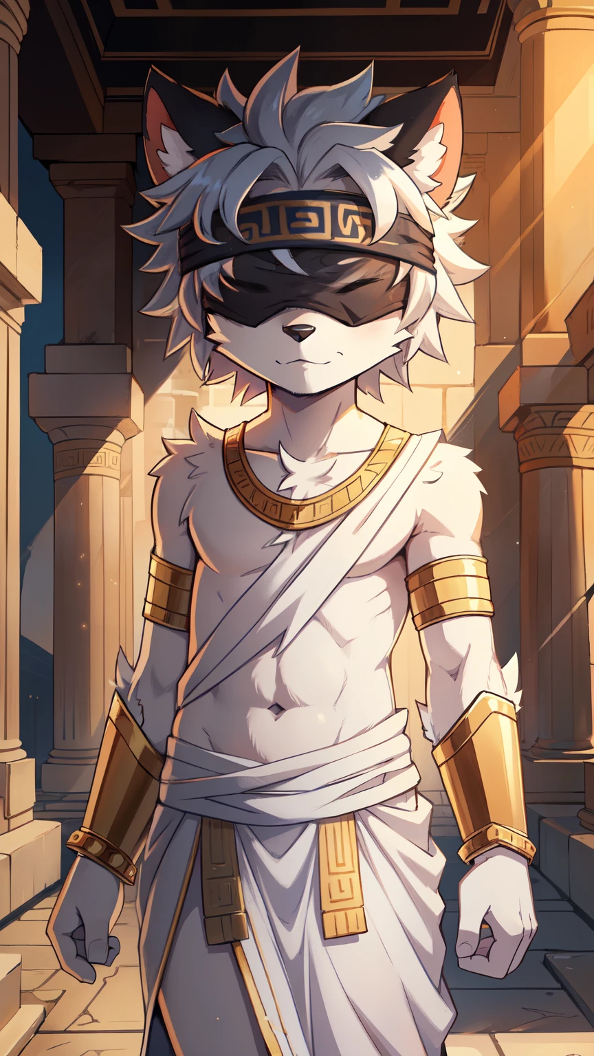 score_9,score_8_up,score_7_up, source_cartoon, source_furry, Furry shota, cat, white body fur, messy hair, silver hair, ((ancient greek toga, one bare shoulder, bracelets, blindfolded, toga, ancient greek clothes, greco-roman clothes, pauldrons)), white wings, angel, standing, :3, black animal nose, detailed body fur, detailed body, detailed face, glistering body, shiny body, gorgeous body, masterpiece, high quality, thick outline, anthropomorphic, countershading,