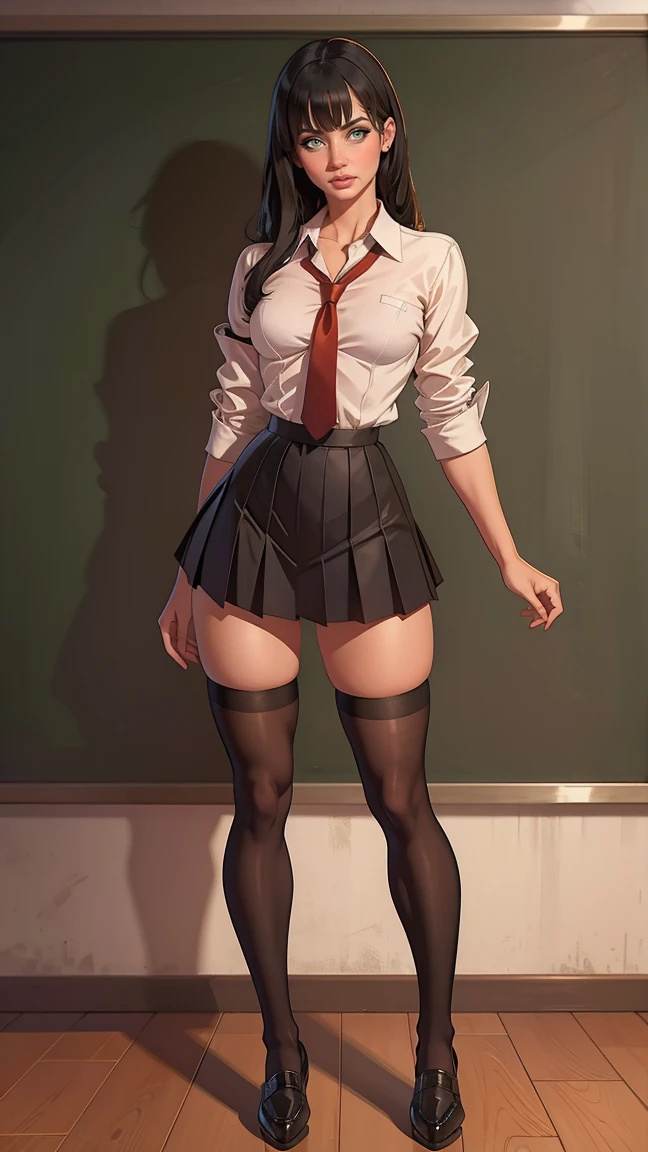 Alluring girl, sexy, slutty, black hair, blunt bangs, hime cut, (small chest), collared shirt, sleeves rolled up, pleated skirt, necktie, thighhigh stockings, loafers, dramatic lighting, digital painting, illustration, (masterpiece, best quality:1.2), comic style, classroom, chalkboard, standing, (full body:1.2)