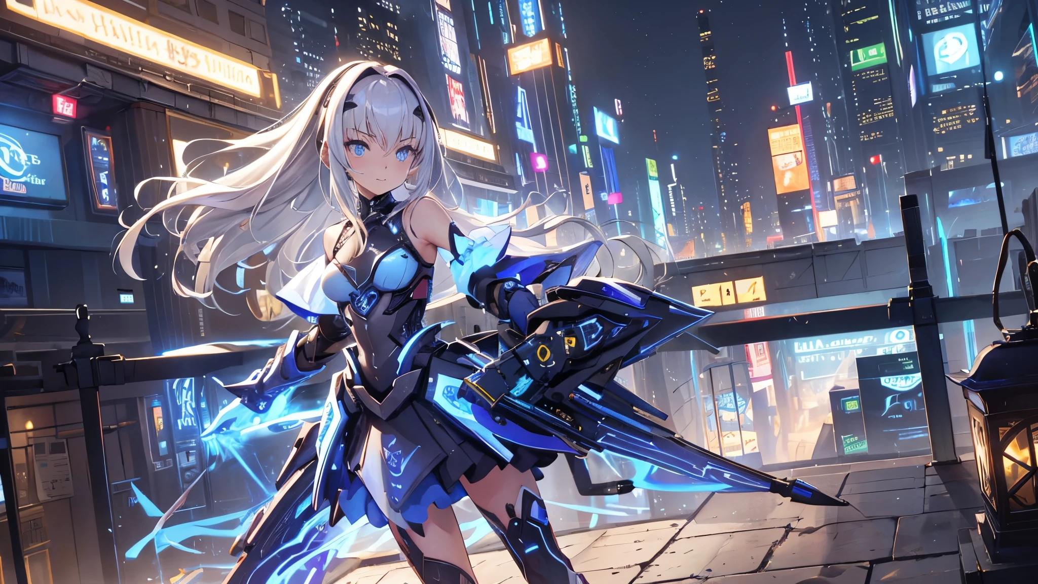 (  best quality,4K,8K,  high res, masterpiece :1.2),   super detailed  ,  girl ，Holy，(  silver white hair  )，  blue eyes  ，obsessed， elegant standing position，玩得 happy ，in love， Lovely cloth  ， Exquisite clothes，pattern，Swimsuit， happy ， Sci-fi city ，  unique  ，Small amount of armor ， confrontation ，rain， sci-fi combat suit 