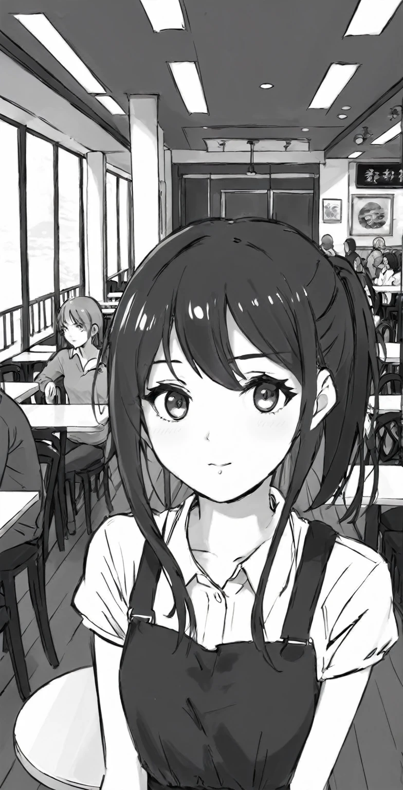  manga style black and white ,  A girl stops in the middle of the restaurant 