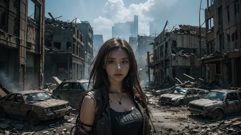 masterpiece, high res,8K,(Portrait Photos:1.5),(R Original Photo),Reality,Digital Photography,(Apocalyptic ruins ),City ruins，beautiful 20 year old woman，sentry， post-apocalyptic scene，Close-range photography， broken clothes