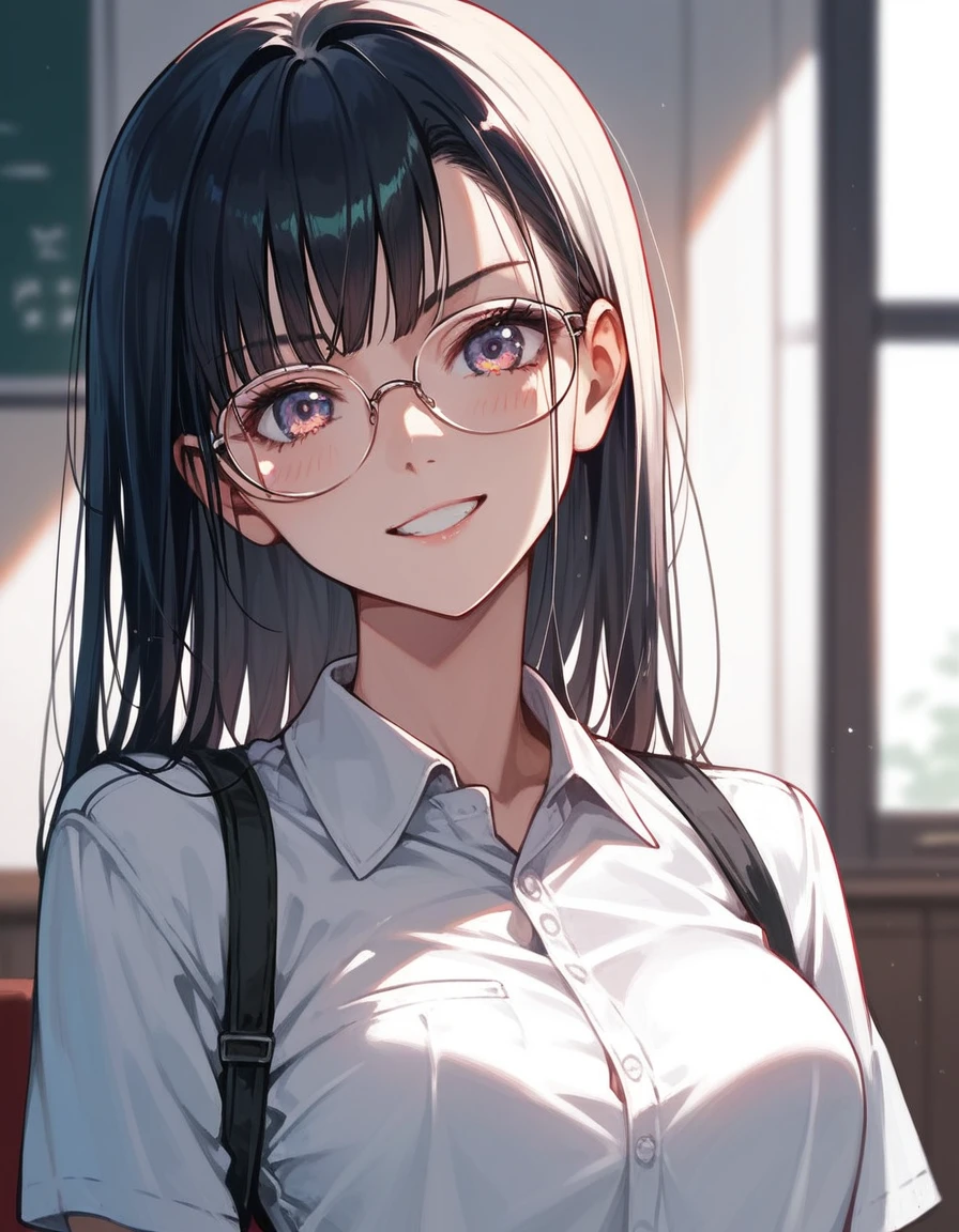 (girl with、Gamine、A dark-haired、short-hair、straight haired、hair adornments、Light brown eyes、A smile、wearing black glasses、small tits、cute face)、masterpiece、top-quality、Classroom、White lace shirt、blazers