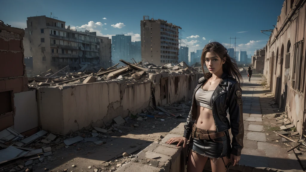 masterpiece, high res,8K,(Portrait Photos:1.5),(R Original Photo),Reality,Digital Photography,(Apocalyptic ruins ),City ruins，beautiful 20 year old woman，sentry， post-apocalyptic scene，Close-range photography， broken clothes