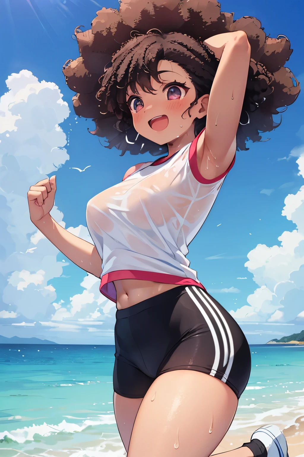  black woman , high, running on the beach,  gym clothes (short e top), wet with sweat ,  looking at the spectator,  Side view,  Medium breasts,  wide hips, Lean body,  Muscular body,  thick thighs ,  masterpiece , afro hair, Rice, happy/happy,  embarrassed , 