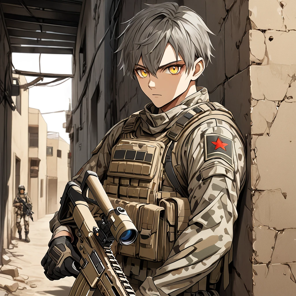 male Soldier, Man, Gray hair, ((Wolf ears)), yellow eyes, Dirty, Desert coloured military outfit, Military backpack, Holding a M4 Assualt Rifle, leaning against a wall in an alleyway in a desert tow