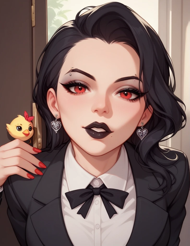 Mafia, long messy black hair, eyebrow piercing, scarlet red eyes, Black Lipstick,    long lashes, chic black suit ,  tattoo on left hand .  she has her hand on the door of the door in a chic office,  as if preventing passage out ,  next to the door to a bookcase .