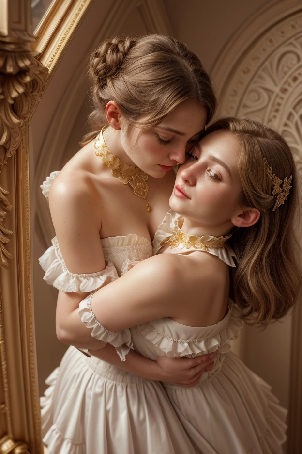 From above, gwenn tennyson wearing a revealing strapless white ruffle shirt, medicis collar, cleavage, hugging each other from above view, a girl whispering into a girls, ear from behind, (with intricate graphic patterns, and collar lace, gold details), stocking(surrounded by greenery, 4k, 8k, high resolution, masterpiece:1.2, ultra-detailed, (realistic, photorealistic, photo-realistic:1.37), HDR, UHD, studio lighting, ultra-fine painting, sharp focus, physically-based rendering, extreme detail description, professional, vivid colors, bokeh, portrait, fantasy, elegant, ornate, ethereal