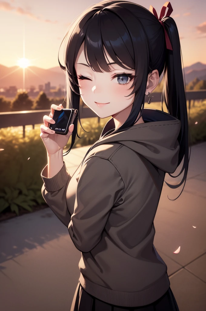 A young woman with shoulder-length black hair、Wearing a grey floral shirt、A detailed illustration of a person making a peace sign while holding a camera。she、Standing in front of the partially abandoned Hiroshima Dome、Cherry blossom trees in full bloom々It is located in a scenic environment surrounded by rivers and。The sky is clear and blue、In the background, several people are enjoying the scenery々There are。