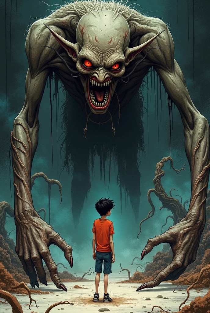 “Hugo, a determined teenage boy with short, tousled dark hair and intense eyes, stands in a room filled with shattered mirrors. He wears a blue jacket, gripping a shard of a mirror to reflect a beam of light towards a monstrous figure. The creature, Azazel, is a horrifying amalgamation of decaying skin and broken bones, its hollow eye sockets glowing with a malevolent, infernal light. Azazel looms menacingly over Hugo. In the corner of the room, a young girl huddles, trembling in fear, her eyes wide with terror. The light from the mirror shards creates eerie reflections, casting chaotic beams around the dark, oppressive room, adding to the intense atmosphere of the scene.”