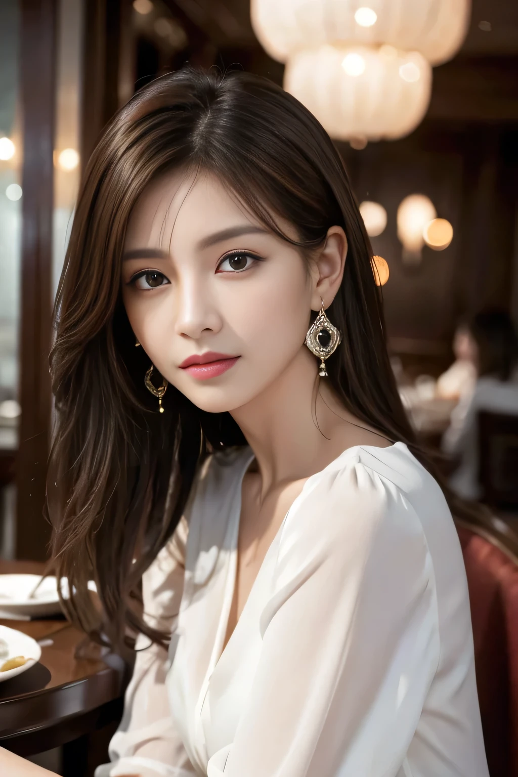 masterpiece, Highest quality, Realistic, Very detailed, Finer details, High resolution, 8k wallpaper, One beautiful woman, Wear a pretty colored silk shirt, In a great restaurant, At night, Light brown messy hair, Perfect dynamic composition, Beautiful and beautiful eyes、Big earrings、chest、Sleeveless shirt、