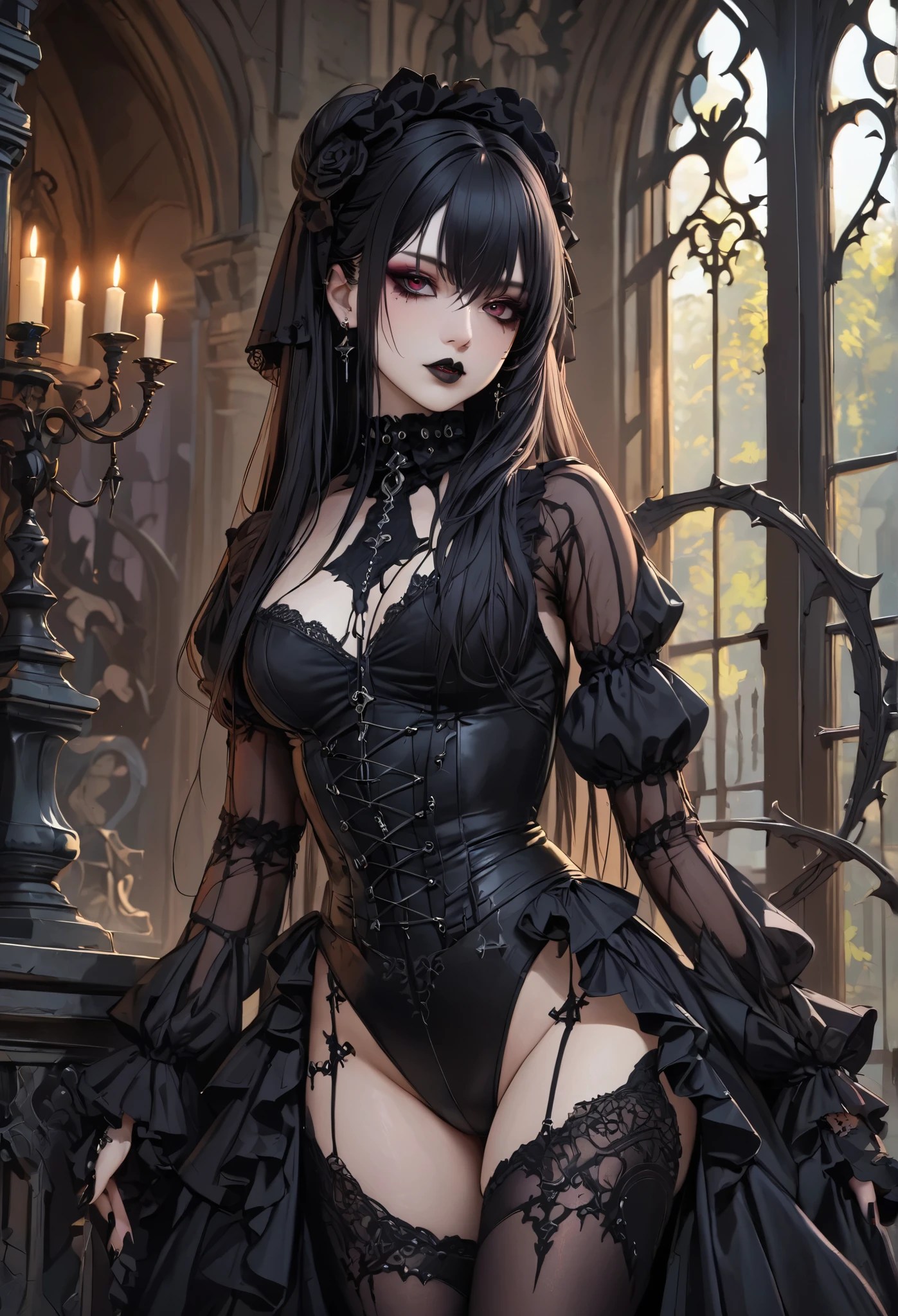 Ultra-realistic 8k CG, masterpiece, best quality, (photorealistic:1.4), absurdres, extremely detailed,
real hair, life-like, horror scene, dark setting, provocative pose,
old gothic church, tombstones, caskets, cobwebs, swirling fog,
gothic girl, wearing black corset, hips, jewelry, ornate, lace panties,