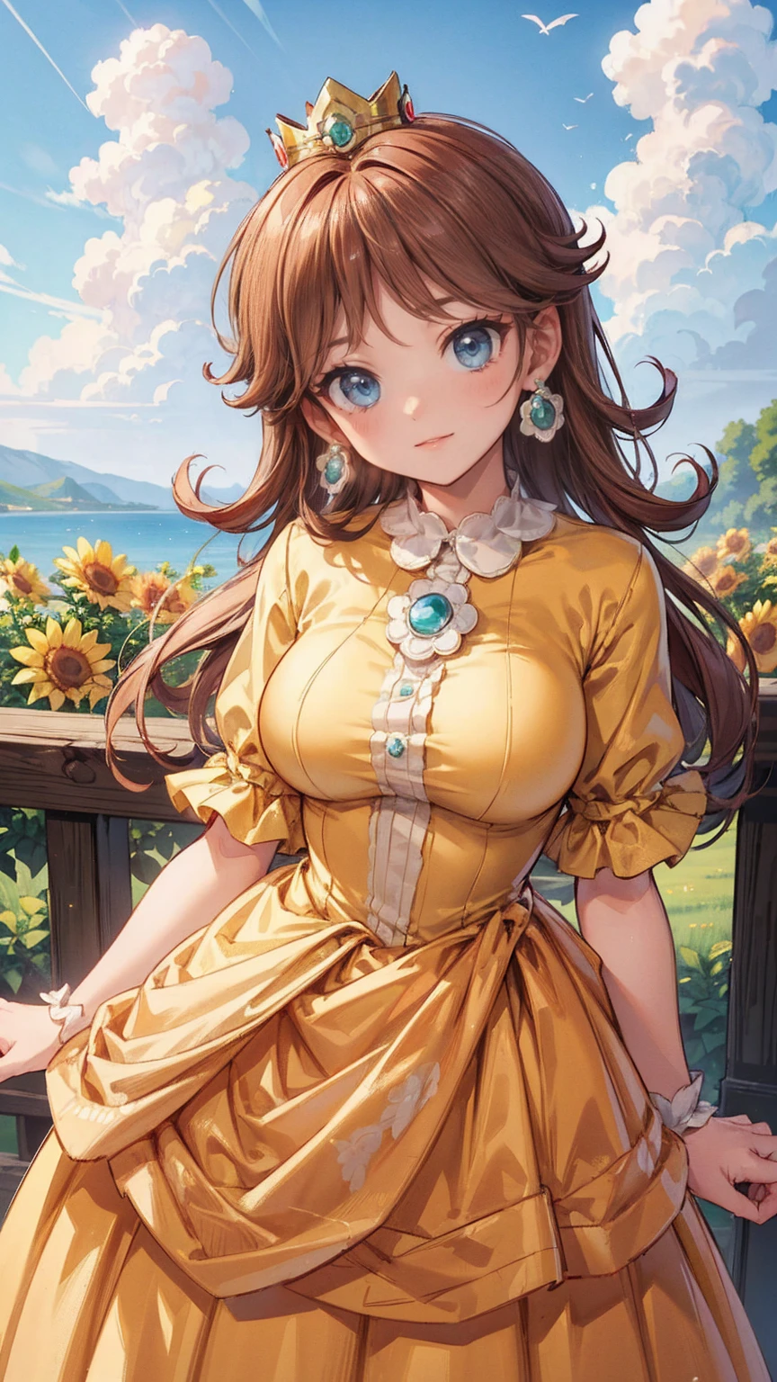 ((((masterpiece, best quality ,Ultra delicate, perfect face,detailed face,Detailed eyes,16k,high resolution,solo)))),Princess daisy super mario, brown hair, blue eyes, short products hair, gold princess crown, flower earrings, yellow long dress, puffy short sleeves, flower brooch, smile, flowers, outdoors, sky, cloudy sky, anime waifu style,full body shot,large breasts