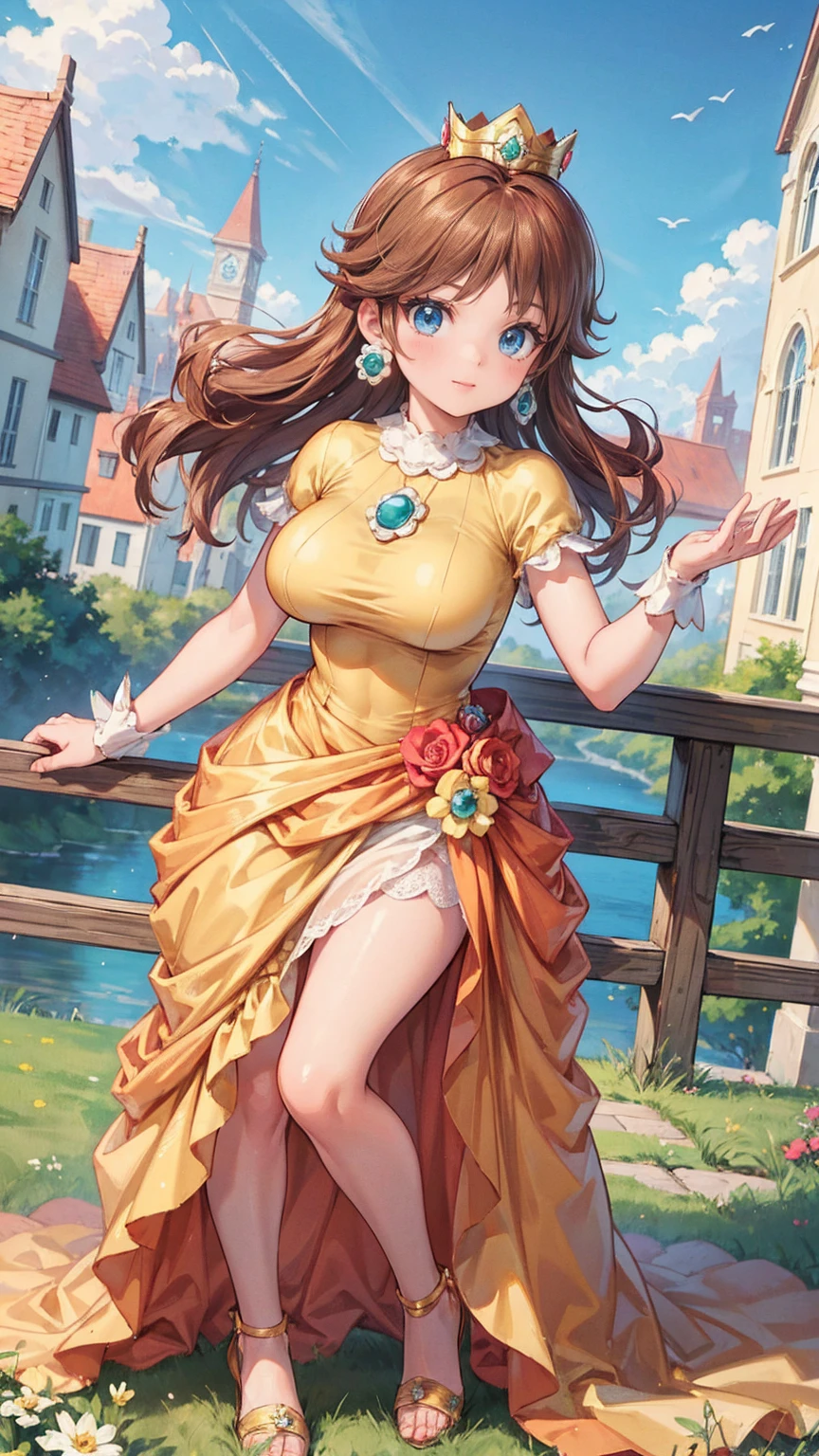 ((((masterpiece, best quality ,Ultra delicate, perfect face,detailed face,Detailed eyes,16k,high resolution,solo)))),Princess daisy super mario, brown hair, blue eyes, short products hair, gold princess crown, flower earrings, yellow long dress, puffy short sleeves, flower brooch, smile, flowers, outdoors, sky, cloudy sky, anime waifu style,full body shot,large breasts