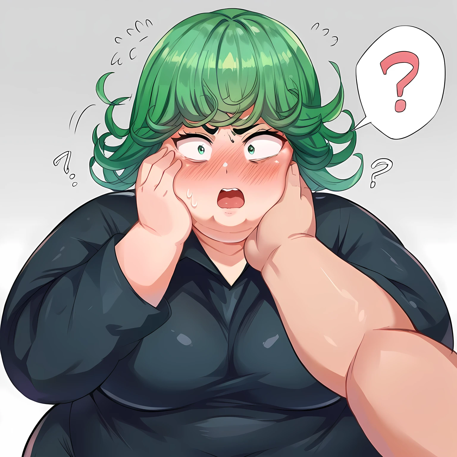  score_9,  score_8_up,  score_7_up,  source_Anime,
Tatsumaki ,  green hair,    gray background ,  green eyes,  short hair on the side of the uniform,  ,1girl,, absurdres,  highres icon, rating:General, confused, blush, spoken question mark, {flustered}, nervous sweating, portrait, pov hands, hand on another's cheek, averting eyes, [looking away], straight-on,  fat, chubby, obese, large breasts open mouth, out of breath, swollen face, upper body, blush, surprised
