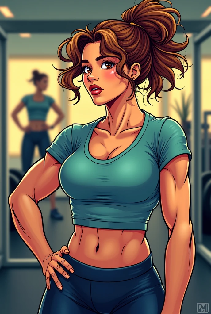panel comic character, a girl with Brown hair, large hair, green eyes, in the gym, white, , with green gym set Punch.