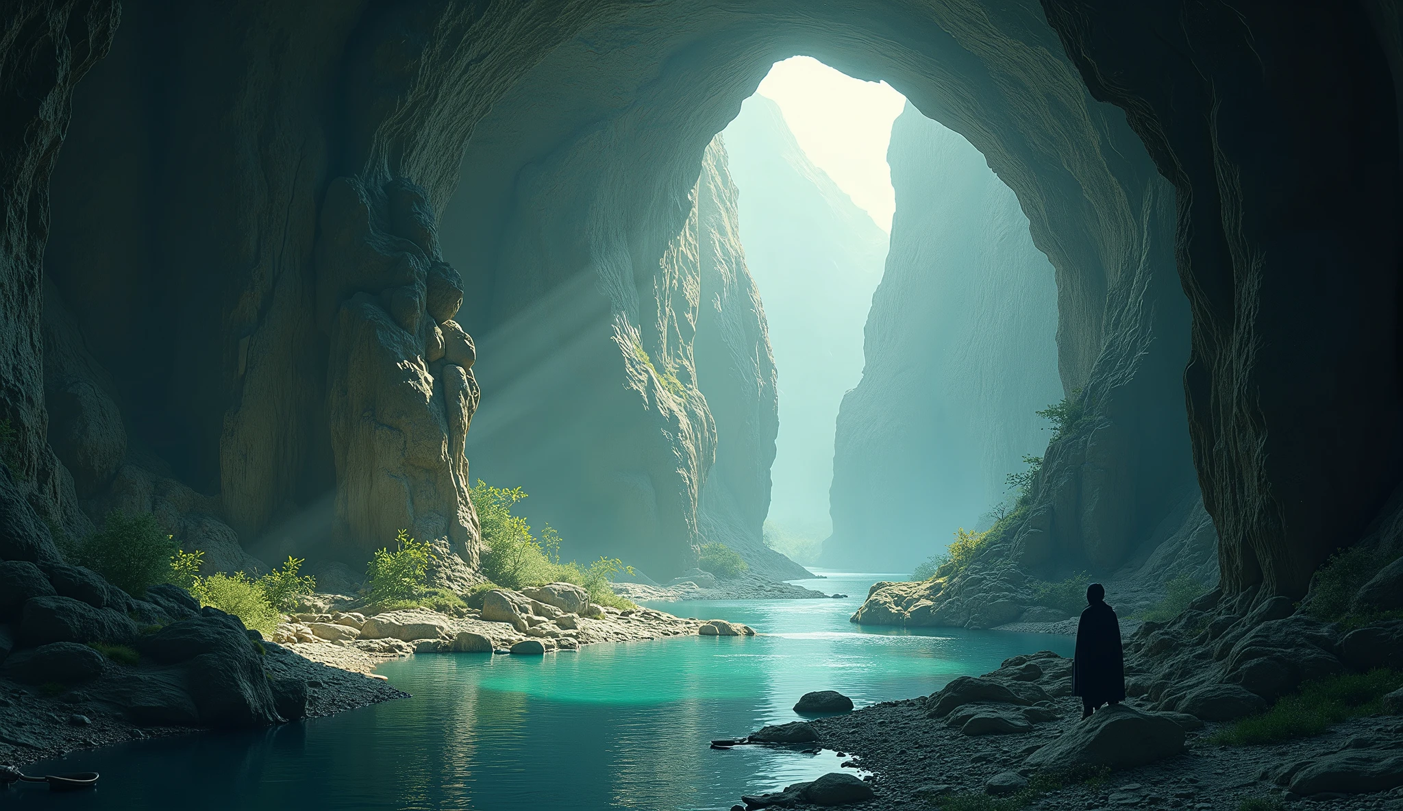 There is a man standing in a cave looking out at the water - SeaArt AI